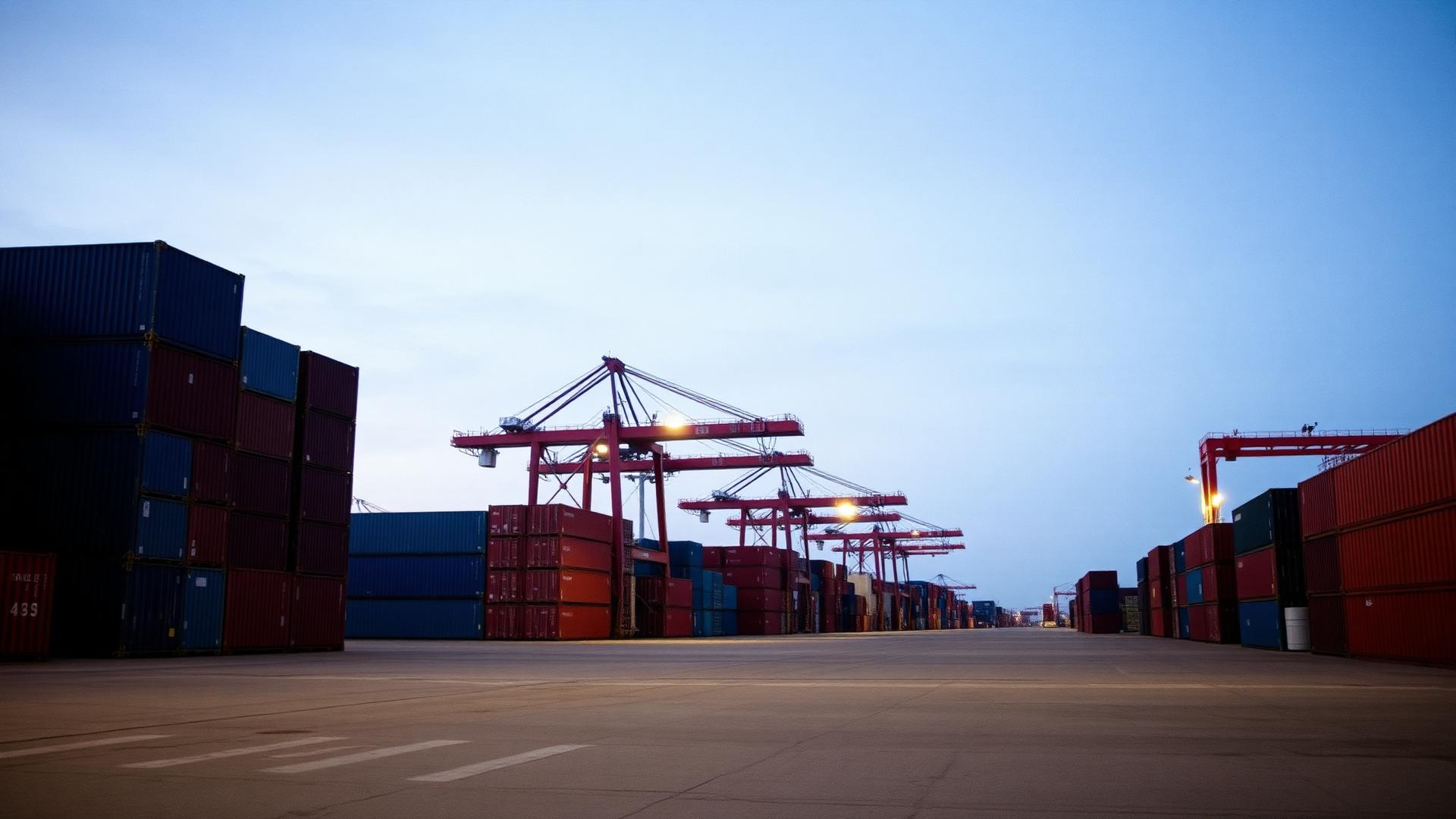 U.S. container port terminal at dusk with stacks of shipping containers